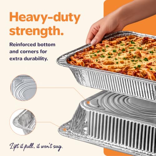Image of GUSTO 9x13 Inch Aluminum Foil Pans [30 Count] Half Size Deep | Thicker 37.4 Gauge, Food-Safe Tin Disposable Trays, Freezer-Safe, Oven, Grill & Smoker Use, Fully Recyclable