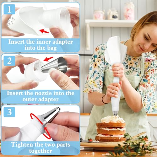 Miniatura 3 de Amchlel Juego De Mangas Pasteleras, 10 Boquillas De Acero Inoxidable, 2 Manga Pastelera Reutilizables 30cm-40cm , 3 Adaptador, 4 Ligas De Silicona, Kit Reposteria, Manga Para Decorar Pasteles