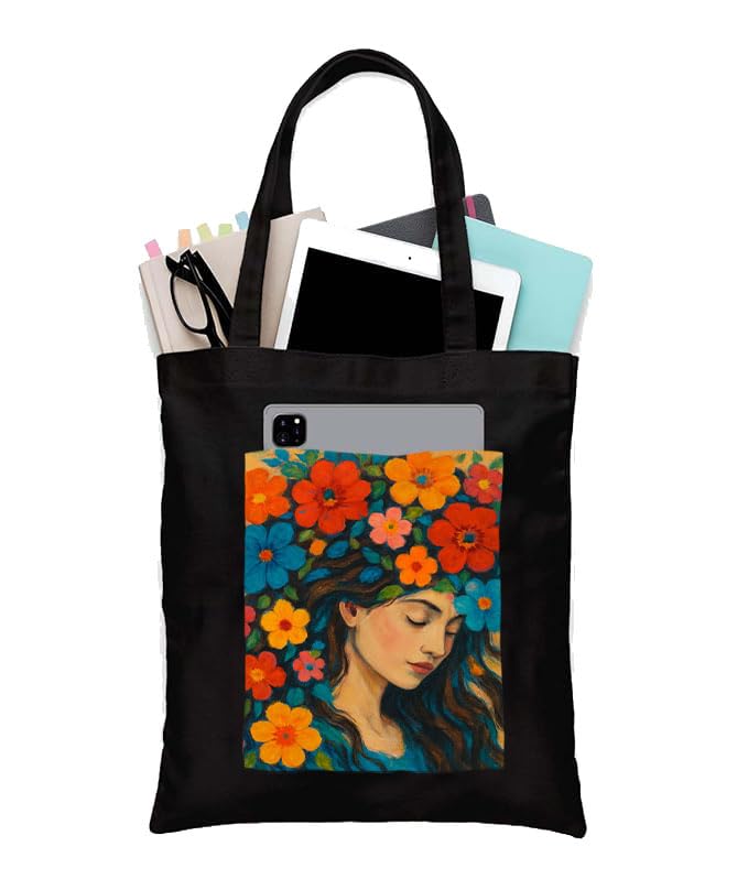 Image of Black Tote Bag With Pocket Printed Designed Canvas Tote Bags For Women large capacity,Tote bag For Shopping, College, Travel, More Canvas Handbag For Unisex Bag