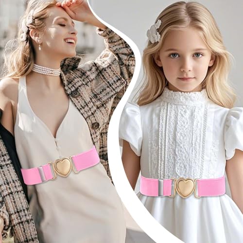 Lnngub Elastische Gürtel für Mädchen, Rosa Kinder Modegürtel Einstellbar Gürtel aus Polyester mit Herz Schnalle aus Zinklegierung für Jeans, Kleider, Pullover (Geeignet für Taillenumfang: 50cm–70cm)