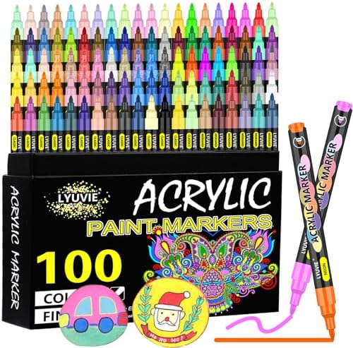 Lyuvie Acrylic Paint Pens,100 Colours Acrylic Pens for Rock Painting Fabric Glass Pebbles Stone Metal Wood Ceramic,Water-Based Permanent Paint Pens Markers with 0.7mm Extra Fine Tip