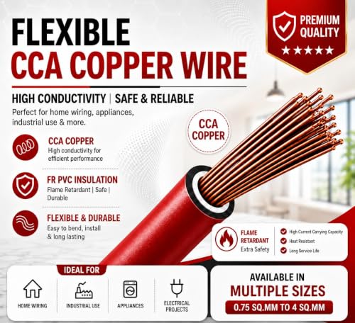 Image of 2.5 SQMM | Red | 90 meter | PVC Insulated Industrial Multistrand CCA Copper Wire | High Purity Copper | Triple Layer Protection | FR Rated | Heavy Duty Electrical Cable | 10 Guage