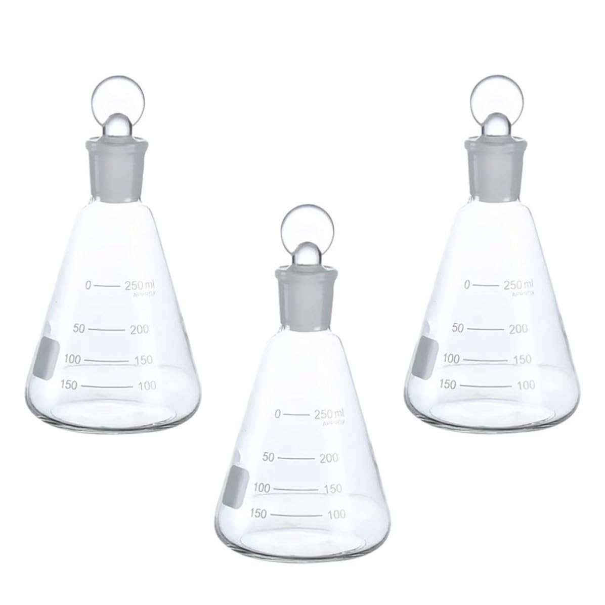 SEWACC 3 Stück Konische Erlenmeyerkolben aus Glas 250ml mit Klarem Maßstab und Gummistopfen für Schulexperimente und Chemieunterricht