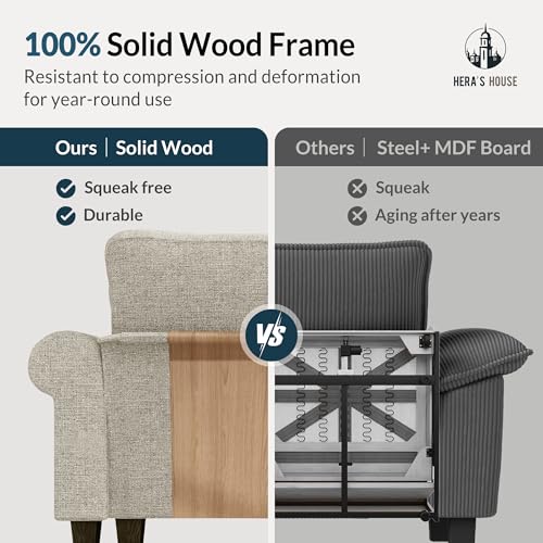 Image of HERA'S HOUSE Living Room Set - 4-Seat L-Shaped Sofa & Swivel Chair | Mid-Century Modern Cloud Couch & Accent Chair Set, Linen Light Grey Couch & Corduroy Beige Chair, Rolled Arms & Nailhead Trim