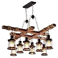 8 Lights Rustic Wood Chandelier Farmhouse Pendant Lamp Vintage Industrial Retro Ceiling Hanging Light Fixtures with Adjustable Metal Chain for Dining Room, Kitchen, Coffee Shop Restaurant, Black, E26
