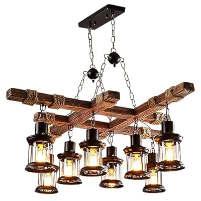 8 Lights Rustic Wood Chandelier Farmhouse Pendant Lamp Vintage Industrial Retro Ceiling Hanging Light Fixtures with Adjustable Metal Chain for Dining Room, Kitchen, Coffee Shop Restaurant, Black, E26
