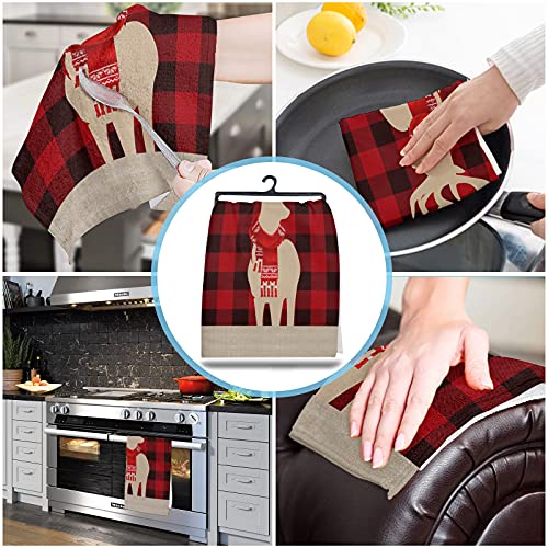 Funnywall88 Kitchen Dish Towel Merry Christmas Elk Reindeer Bathroom Towel, Red Black Buffalo Plaid Soft Absorbent Washing Dishtowels Xmas Holiday Decor Tea Towels Hand Towel (2 Pcs #TOP3