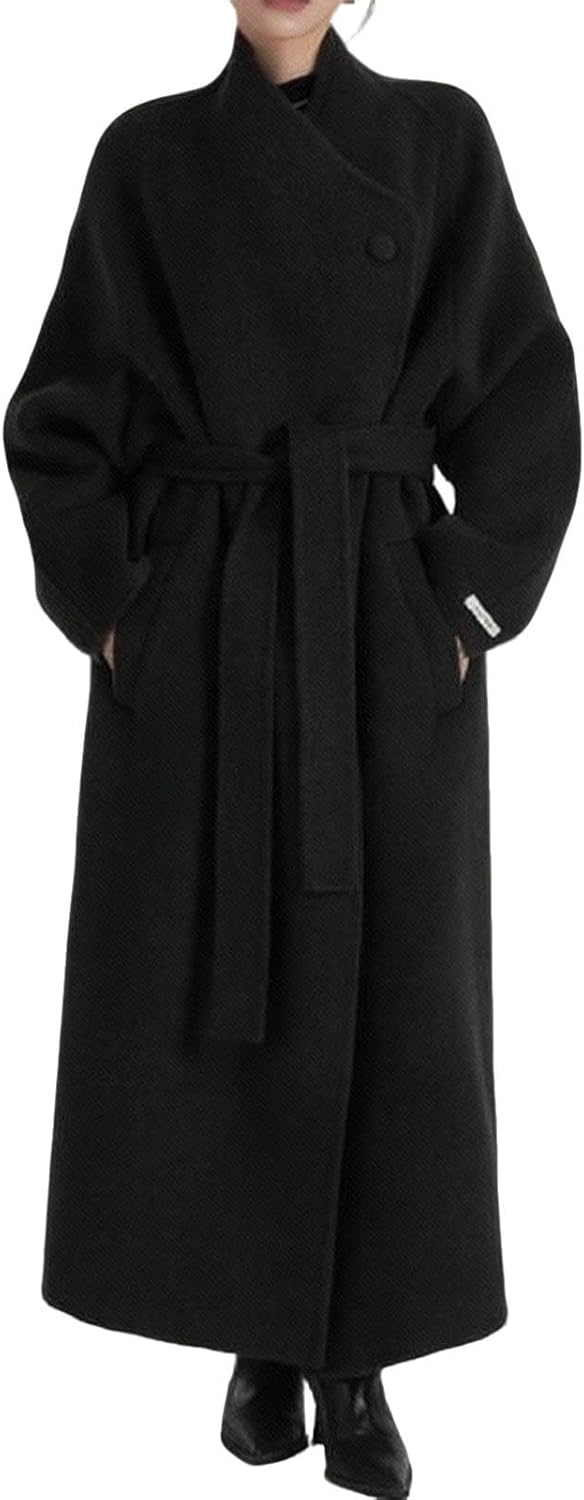 utcoco Women's Oversized Long Wool Coat Asymmetric Wrap Belted Trench Coat Fall Winter Overcoat with Pockets