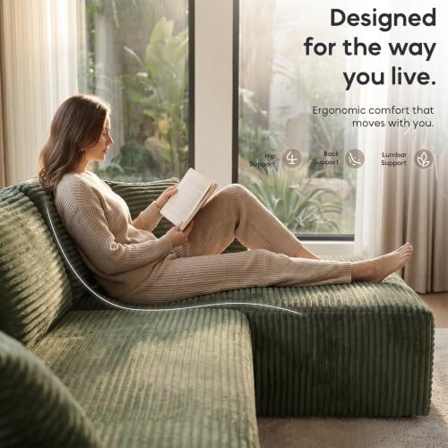 Image of 133 inch Oversized Cloud Boneless Sofa Couch with Chaise, Modern Corduroy U Shaped Modular Sectional Sofa with Deep Seat, Comfy Couch with Cupholders and Storage, No Assembly Required-Green