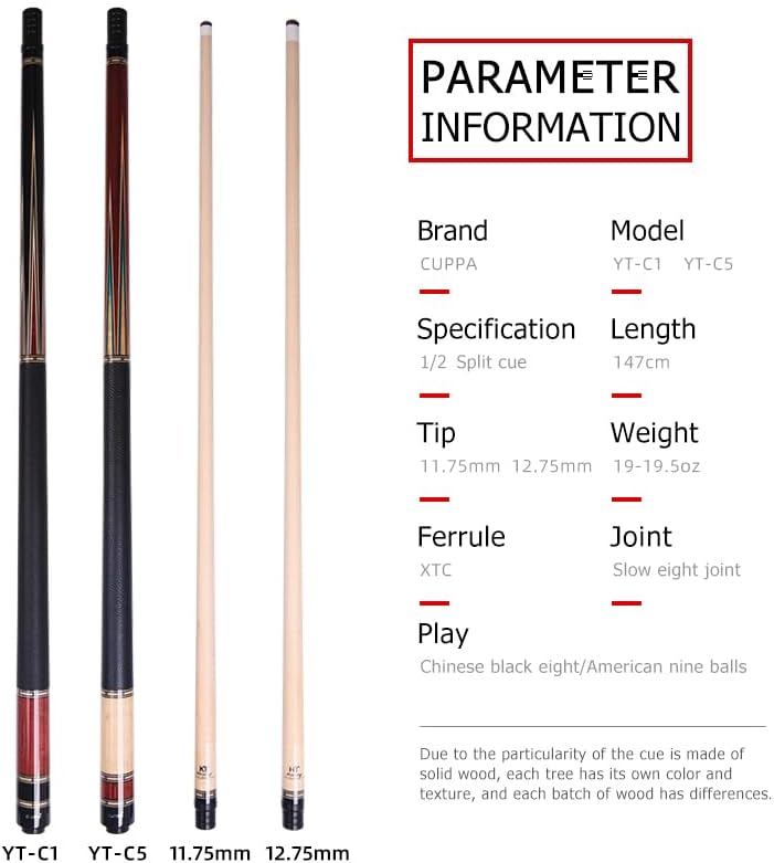 Miniatura 4 de CUPPA Tacos de billar Palo de taco de billar 12 cuerpo dividido ocho nueve bolas de arce punta de eje tamaño 0.463 in 0.502 in 19oz 58inch