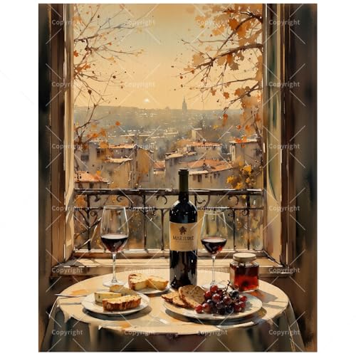 City View Paint by Numbers Kit for Adults - DIY Wine, Cheese and Grapes by the Window Scene Painting on Canvas 16x20 Inches, Acrylic Paint Set, Suitable for Beginners,Art for Home Decoration