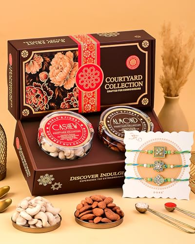 Image of Hyperfoods Rakhi Hamper for Brother Rakhi Gift for Brother Dry Fruits Gift Hamper 250g RawFruit Courtyard Collection Pack of 2 Dry Fruits Gift Box with Rakhi Set of 3 DryFruits Gift Pack