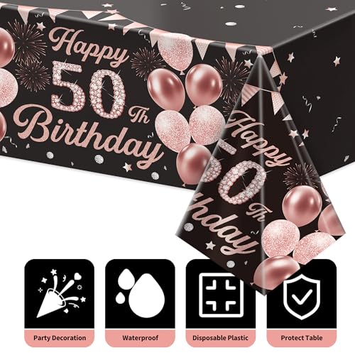 Image of Labeol 3 Pack 50th Birthday Decorations for Women - Happy 50th Birthday Tablecloth, Black and Rose Gold 50th Birthday Table Cover, 54 x 108 Inch Rectangular Disposable Party Supplies
