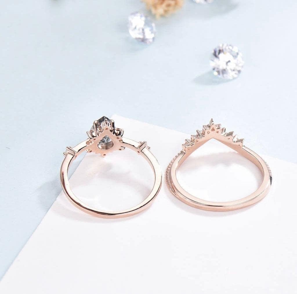 14k Rose Gold Rutilated Quartz Engagement Ring Set Women, Pear Shaped Wedding Ring, Pear Shaped Anniversary Ring Set