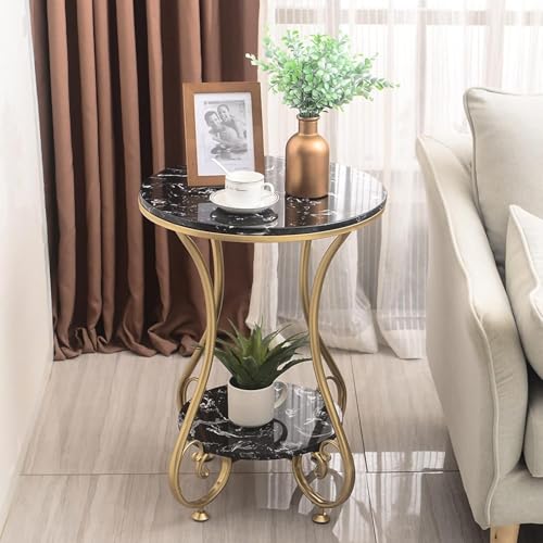 Image of Modern Double-Top Coffee Table with Rustic Farmhouse Accent, Multipurpose Living Room Bedroom, Two-Tier Small Sofa Side Bedside Table with Metal Frame Nightstand (Gold Black)