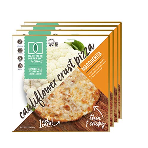 Dare to Be Different Frozen Cauliflower Crust Margherita Pizza - Gluten Free, Grain Free, Low Carb, Slim, Thin, and Crispy Plant Based Kosher - Perfect Pizzas for Keto and Paleo Diet (4-Pack)