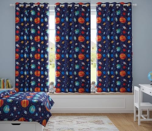 Image of 3D Space Theme Pattern Curtain for Kids Room Curtain 5 feet Set 3 pcs Boys Room Curtain Panel for Play School, Playway Light Filtering Window Panel, 4x5 ft Window Curtain, Blue