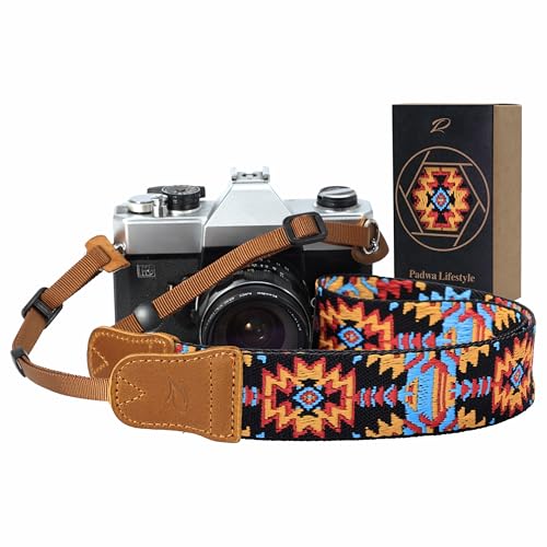 Padwa Lifestyle Camera Strap - 1.5" Crazy Horse Cowhide Head Cotton Strap,Vintage Embroidery Camera Straps for Photographers and All Cameras,Cute Adjustable Shoulder Neck Strap for Adults & Kids