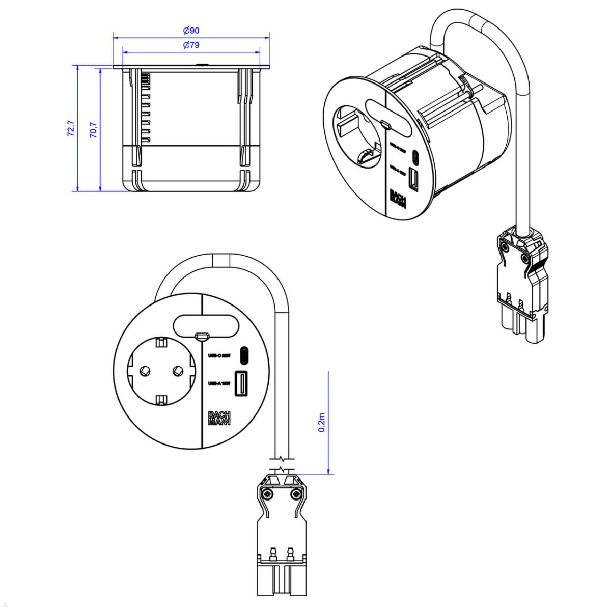 BACHMANN 938.203 gniazdko elektryczne Loop IN Charge 1 x USB A/C 22 W z otworem na kabel 0,2 m, przewód zasilający ISV do biura, sali konferencyjnej i salonu, kolor czarny