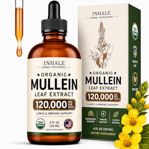 Inhale Mullein Drops for Lungs USDA Organic Mullein Leaf Extract for Lungs & Bronchial Cleanse - Mucus Relief & Lung Detox - for Smokers & Allergy Sufferers - Made in USA - 4oz Tincture