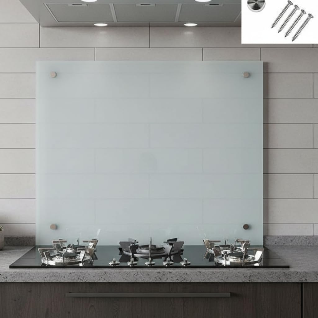 Mucola Küchenrückwand Milchglas 90x50 cm – 6 mm Sicherheitsglas Spritzschutz Küche, hitzebeständig & kratzfest, Glasrückwand mit Edelstahl Befestigung, Nischenrückwand Herd Spüle Wandpaneel