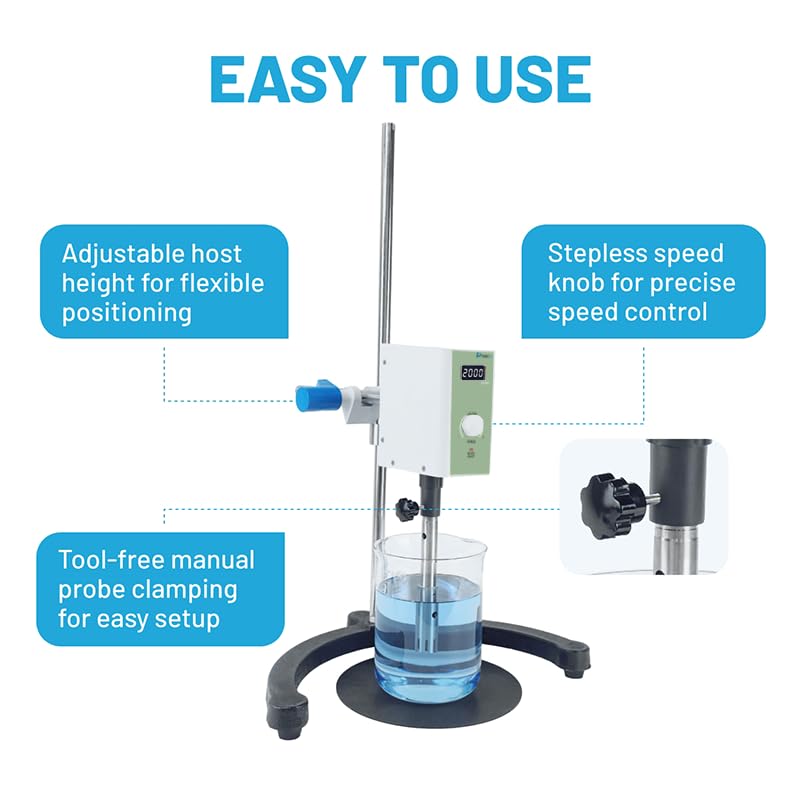 High Speed Lab Homogenizer 2000–20000rpm, Digital Disperser Emulsifier, 20–1200mL, Max 5000mPa·s (Low–Medium Viscosity Only), Auto Overload Protection，2 Dispersing Heads