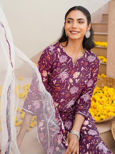 Image of Vaamsi Women's Printed Floral Kurta Trousers With Dupatta (VKSKD1712 L Purple)
