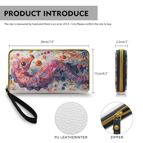 Watercolor Seahorse Print Women's Wallet Long Clutch Colorful Painting Ocean Creature Zip Around Travel Leather Purse, Ladies Credit Card Holder Wallet4