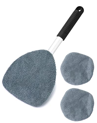 QWORK® Car Windscreen Cleaner, Extendable Car Window Cleaner Tool, Triangle Shaped Plate, 180 Swiveled Handle, Includes 3pcs Washable Pads