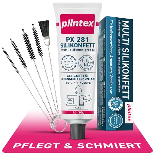 PLINTEX® Silikonfett für Kaffeevollautomaten 30g effektiv inkl. Reinigungsset - Schmierfett für Brühgruppe, Armaturen, Dichtungen & O-Ringe - Silikon Armaturenfett, Kaffeemaschine Fett PLINTEX® Silikonfett für Kaffeevollautomaten 30g effektiv inkl. Reinigungsset - Schmierfett für Brühgruppe, Armaturen, Dichtungen & O-Ringe - Silikon Armaturenfett, Kaffeemaschine Fett