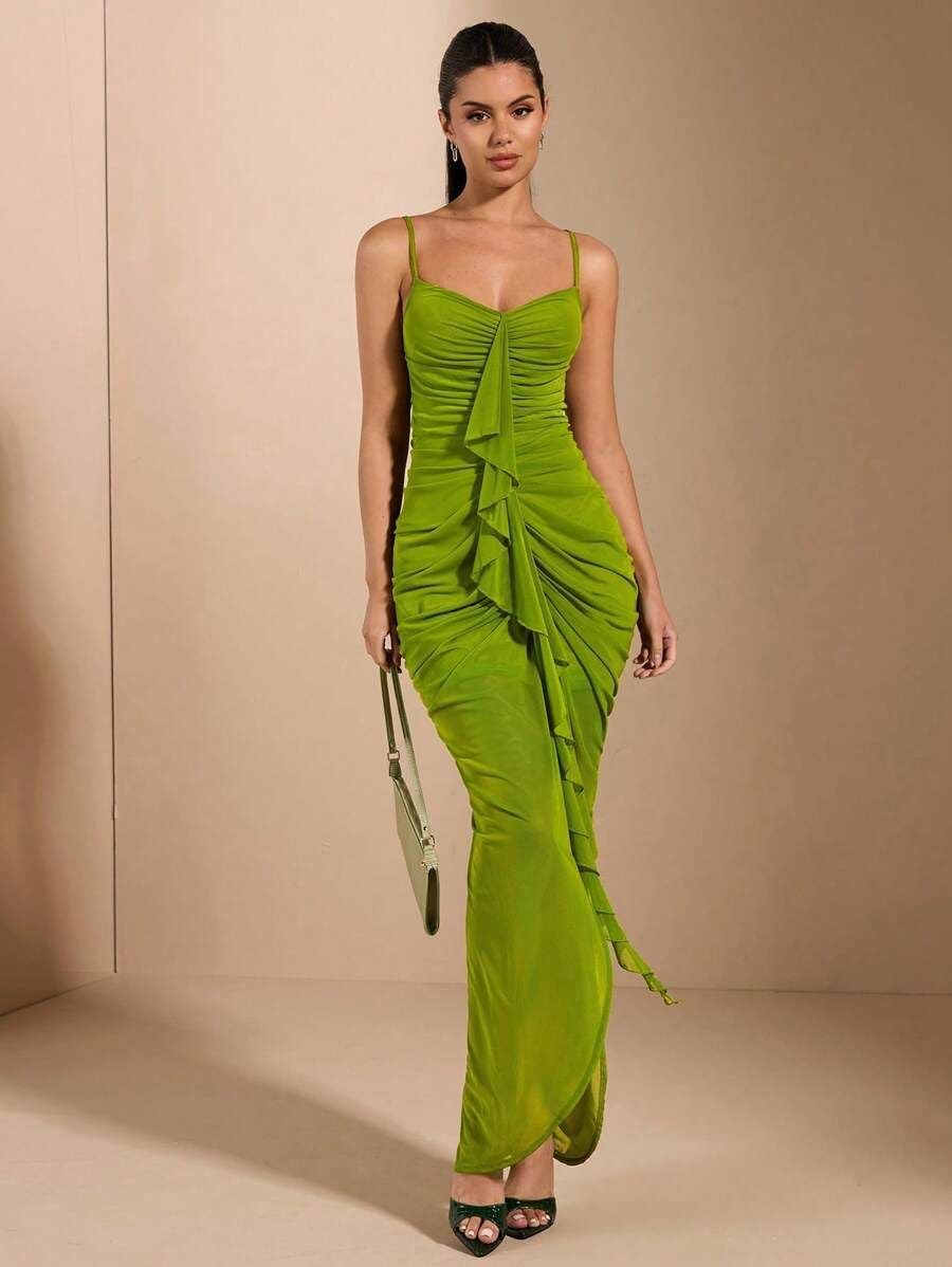 SKAYS Women's Summer Cami Ruffle Ruched mesh Elegant Split Bodycon Maxi Party Wedding Guest Dress - Image 5