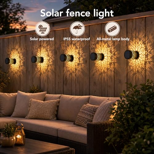 Image of Neoglint 2 Pack Solar Mandala Fence Lights Outdoor IP55 Warm White | Exquisite Mandala Wall Deck Lights for Garden Patio Step, IP55 Waterproof Iron Wall Mount, Warm Glow Pattern, 800mAh 12H