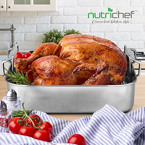NutriChef Roasting Pan with Rack – Oven Safe Roaster w/Removable Polished Rack,Durable Warp-Resistant Bakeware, Wide Handles, Dishwasher Safe, PFOA-Free, Ideal for Turkey, Chicken, Meat & Vegetables