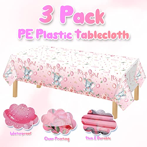 Image of Moukeren 3 Pack Elephant Tablecloth Baby Shower Decorations Plastic Table Cover Rectangle Table Decors for Boy Girl Gender Reveal Birthday Party Supplies, 54 x 108 Inch(Pink,Girl)