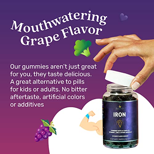 BeLive Iron Gummies - Multivitamin Iron Supplement with Vitamin C, A, B & Zinc, Supports Blood Oxygen, Vegan Iron Supplements for Women, Men & Kids for Growth and Development - Grape Flavor | 3-Pack - Thumbnail 4