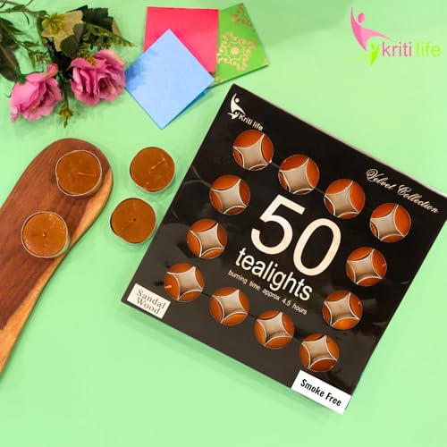 Image of Kriti Life Sandalwood Scented Tealight Candles - 100% Paraffin Wax, Smokeless, Long Burn Time (4.5 Hours), Dripless Brown Candles for Home Decor, Diwali, Weddings & Meditation - Set of 50