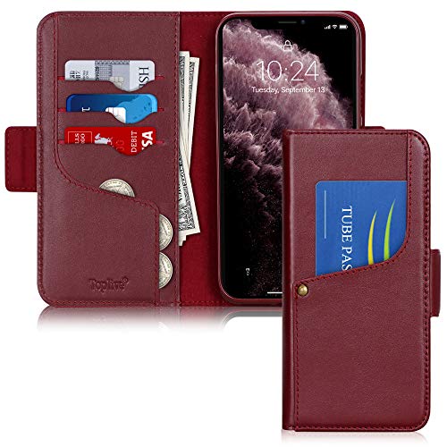 Toplive iPhone 11 Pro Case 5.8 Luxury Cowhide Genuine Leather iPhone 11 Pro Wallet Case with Kickstand,Wine Red