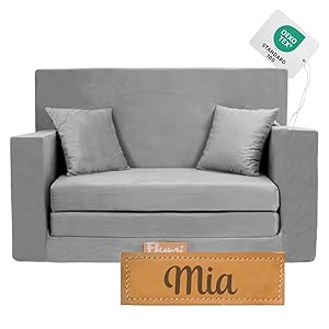 Flumi Sofá Infantil Personalizado con Función de Dormir Grabación del Nombre del Niño Espuma Sofá Infantil para Habitación de Niños Silla para Muebles Infantiles (Gris)
