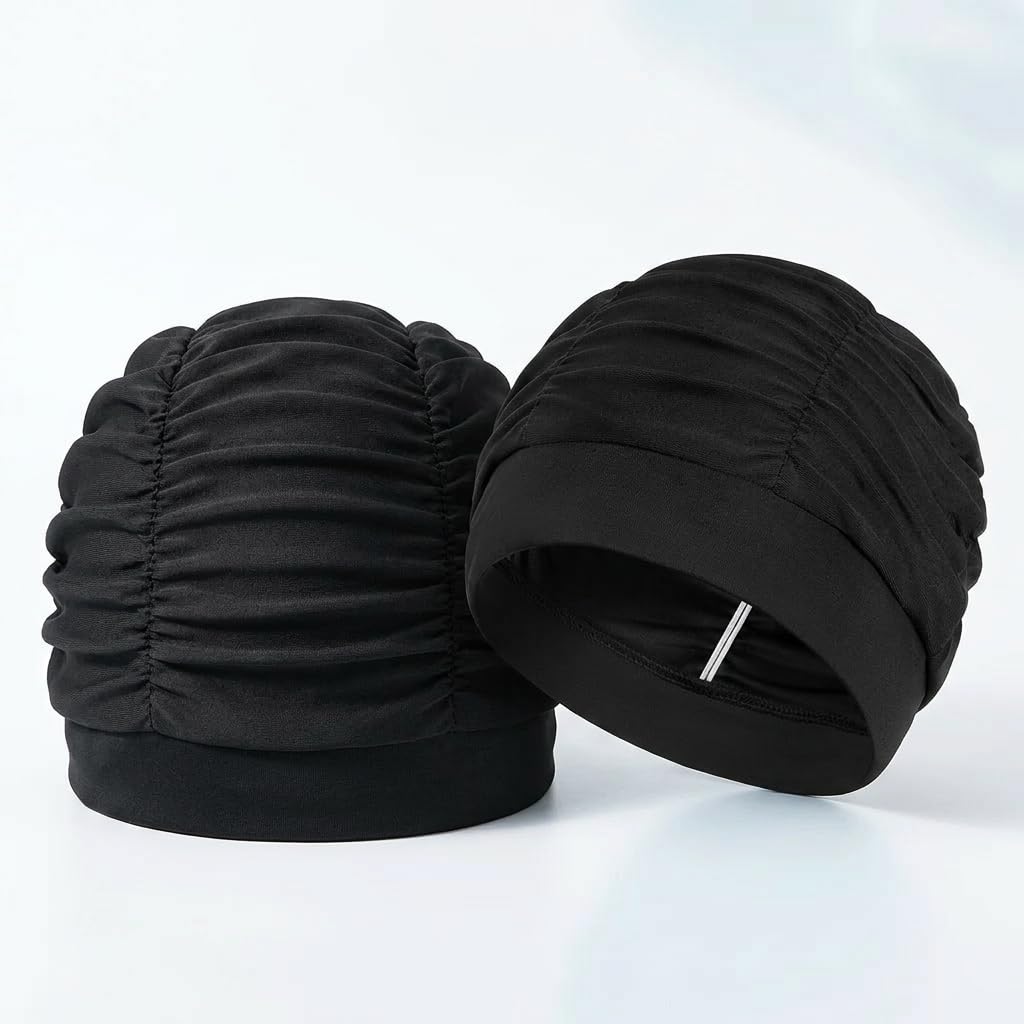 Gorro de Natación Mujer [Pack de 2] - Gorro de Baño de Tela Negro Elástico para Pelo Largo Transpirable para Piscina Playa y Aquagym Talla Universal Negro
