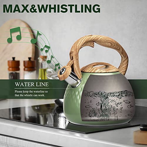 Tea Kettle, 2.6 Quart Green Finish With Wood Pattern, Stovetop Whistling Tea Pot，Food Grade Stainless Steel Teapot, Anti-Hot Handle #TOP2