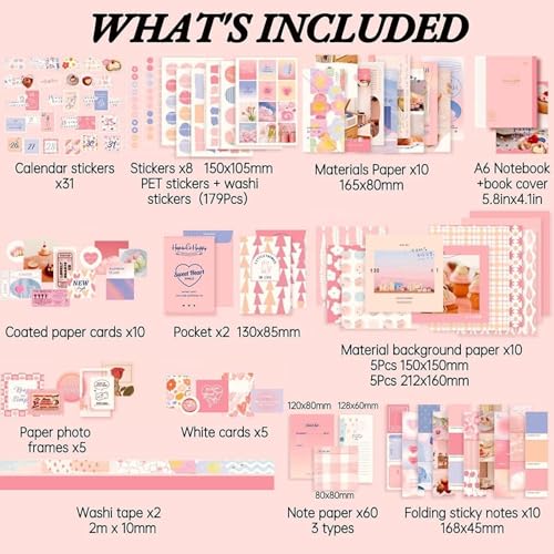 Image of VOTDOT (346Pcs) Paper Junk Journal & Scrapbook Kit, Scrapbooking Supplies Kit with Creative Decor Journaling Supplies, Stationery, Stickers, A6 Grid Notebook with Graph Ruled Page Gift for Girl (Pink)