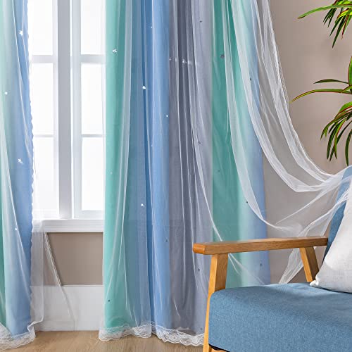 Image of XiDi Curtains for Bedroom Decor, Rainbow BluGrenGrey-34-45