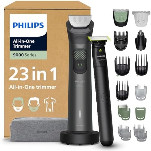 Philips Multigroom série 9000 Tondeuse tout-en-un 23 accessoires + rasoir OneBlade pour hommes – ensemble tondeuse/rasoir pour barbe, cheveux et corps, 27 hauteurs de coupe (0,2-20 mm), MG9561/30