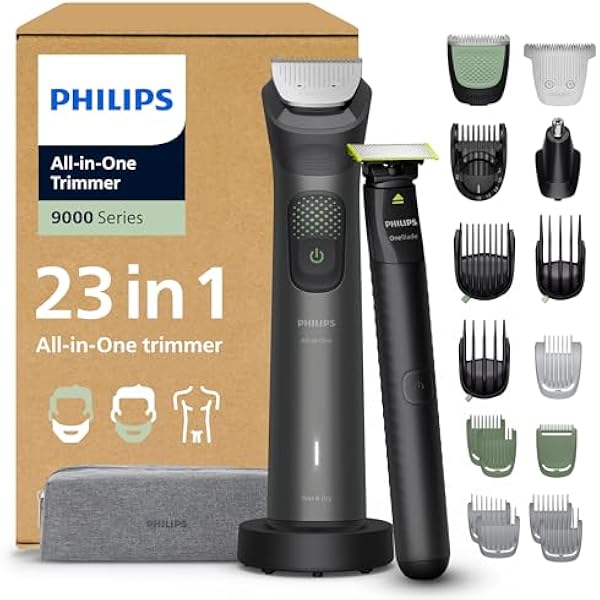 Philips Multigroom All-in-One z serii 9000 23-elementowy kompleksowy zestaw do pielęgnacji twarzy głowy i ciała dodatkowy trymer OneBlade 27 ustawień długości 0 2 20 mm model MG9561 30