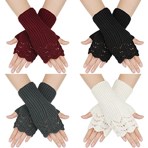 Bencailor 4 Pairs Fingerless Gloves Winter Warm Fingerless Mittens for Women Hand Crochet Knit Gloves Open Fingers(Black, Dark Gray, White, Wine Red)