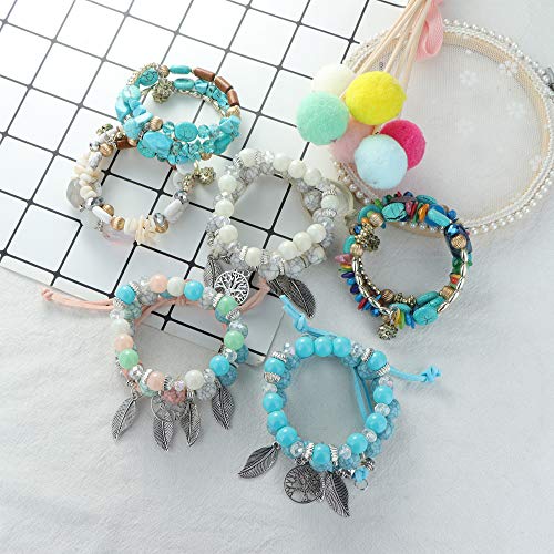Jstyle 6Sets Bohemian Stackable Bead Bracelets For Women Stretch Multilayered Beaded Bracelet Set Leaf Tassel Charm Bangles Women Gifts #TOP5