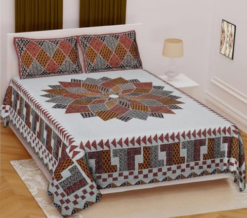 Image of Pure 100% Cotton Double Bed Sheet with 2 Pillow Covers (Bedsheet for Double Bed Cotton, Multicolour Jaipuri, Double Bed Sheet (White & Yellow, Double)