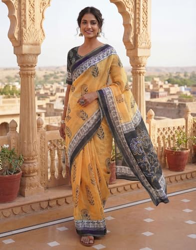Image of SIRIL Women's Printed Cotton Linen One Minute Ready to Wear Saree With Unstitched Blouse Piece