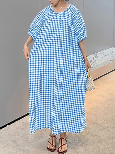 Image of chouyatou Women's Casual Gingham Loose-Fit Swing Dress Cotton Lantern Puff Sleeve Plaid Midi Long Dress