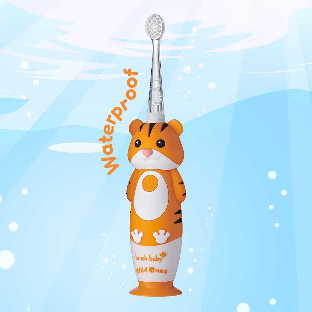 Brush-Baby WildOnes Kids Electric Rechargeable Toothbrush, 1 Handle, Brush Head, USB Charging Cable, for Ages 0-10 (Tiger)